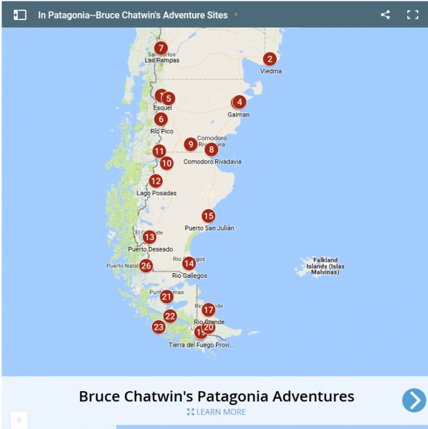 Screenshot of Bruce Chatwin's Patagonia Adventures in Google My Maps