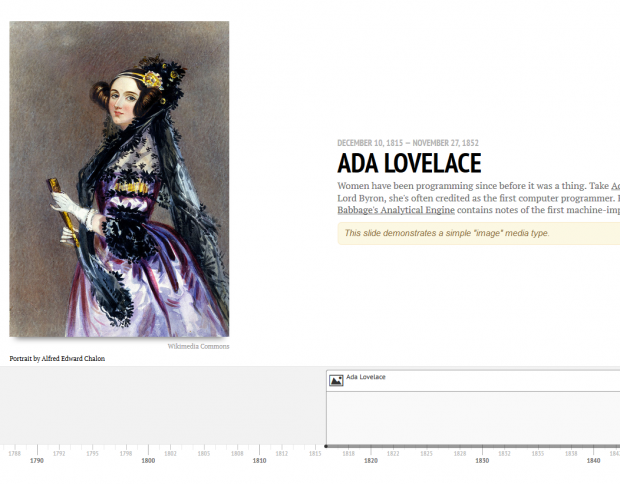 Timeline of a JS story with a slide about Ada Lovelace
