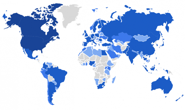 Map of the world highting where people are visiting our workshops from