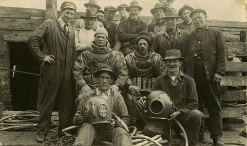 Group photo of Yarrows hard hat divers and crew. 1920