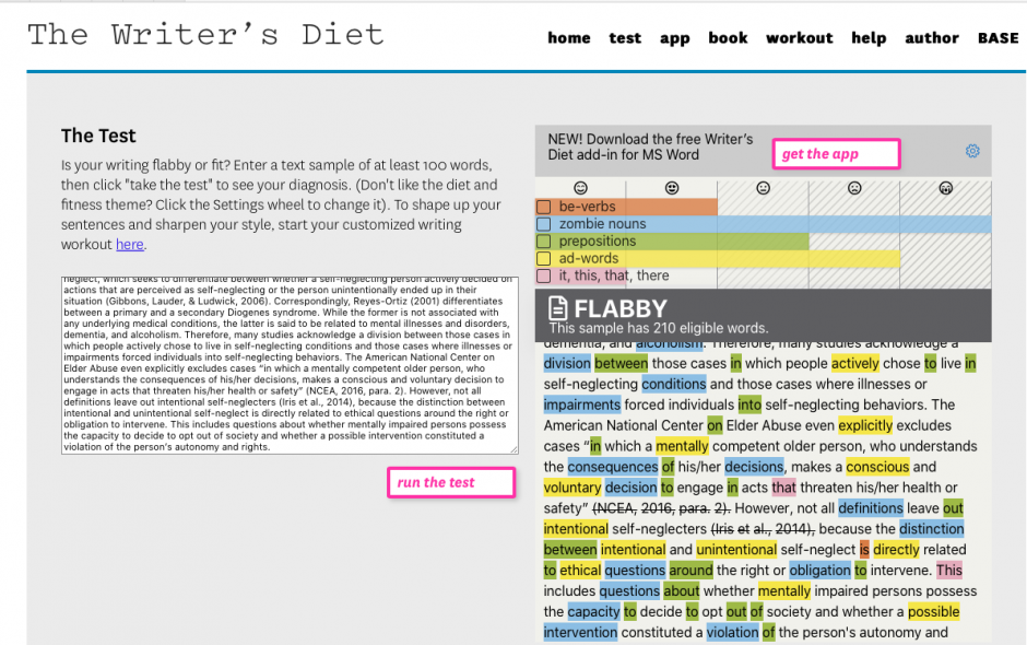 screen shot of the writers diet website testing an excerpt of flabby prose