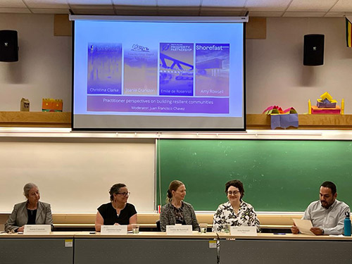 Amy Rowsell of Shorefast, Emilie de Rosenroll of the South Island Prosperity Partnership (SIPP), Joanie Cranston of the Bonne Bay Cottage Hospital Heritage Corporation and Christina Clarke of the Indigenous Prosperity Centre join moderator Juan Francisco Chavez Ramirez at the community resilience workshop