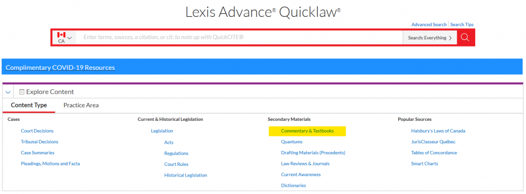 Screenshot of Quicklaw homepage and where to find Commentary and textbooks