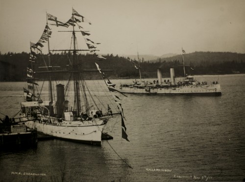 The Rainbow arrives in Esquimalt greeted by the H.M.S. Shearwater.