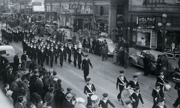 Cadets on a Victory Bond Parade on Douglas street, Victoria, circa 1940