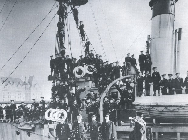 The Boys Naval Brigade aboard S.S. Algerine in Victoria Harbour, circa 1918. The Empress in the background