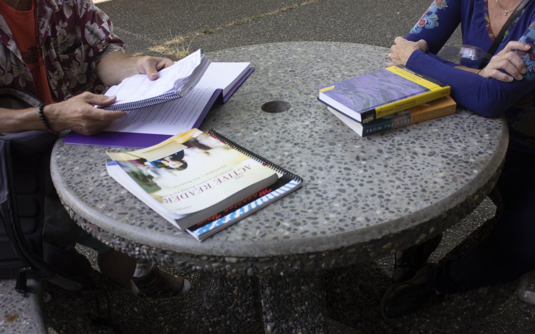 Two figures sit at one of the cement tables outside of Mystic Market. There are two piles of textbooks on the table and one student holds a notebook.