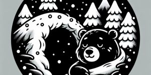 The graphic shows an AI-generated drawing of a black bear going into hibernation in a snowy cave.