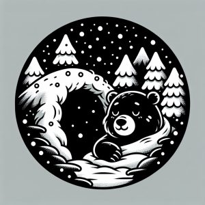 The graphic shows an AI-generated drawing of a black bear going into hibernation in a snowy cave.