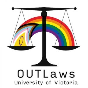 The picture shows the UVic OUTLaws logo: scales of justice balancing the inclusion Pride flag.