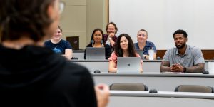 A group of UVic Law students enjoying a lecture in a classroom in Fraser Building