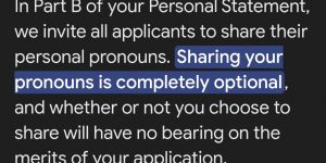 The picture shows a screenshot of language from UVic Law's Admissions webpage, explaining that applicants are welcome to include their personal pronouns in Part B of their Personal Statement