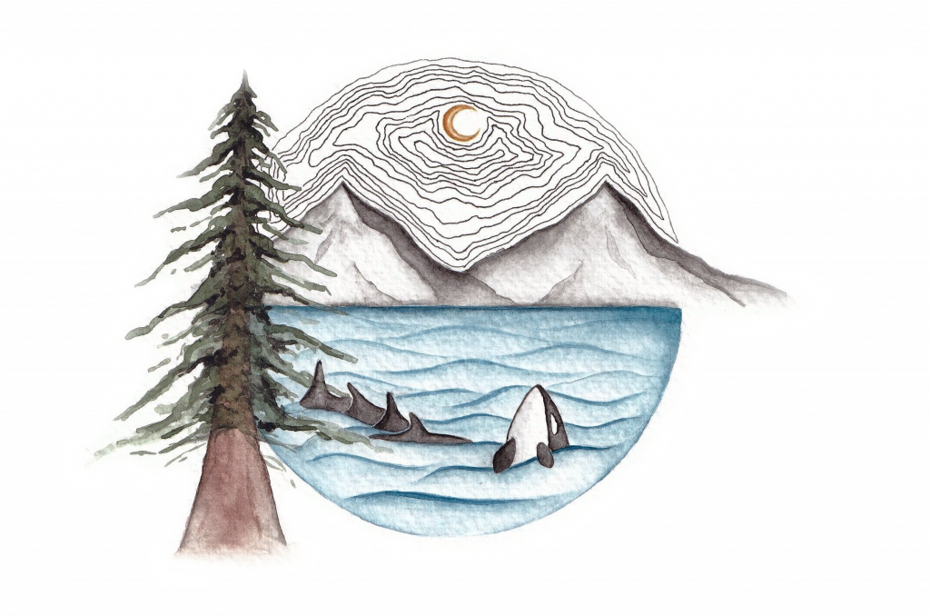 Artist's painting of a cedar tree on the left with the ocean and an orca whale in the front, then background of a sun overtop of mountains