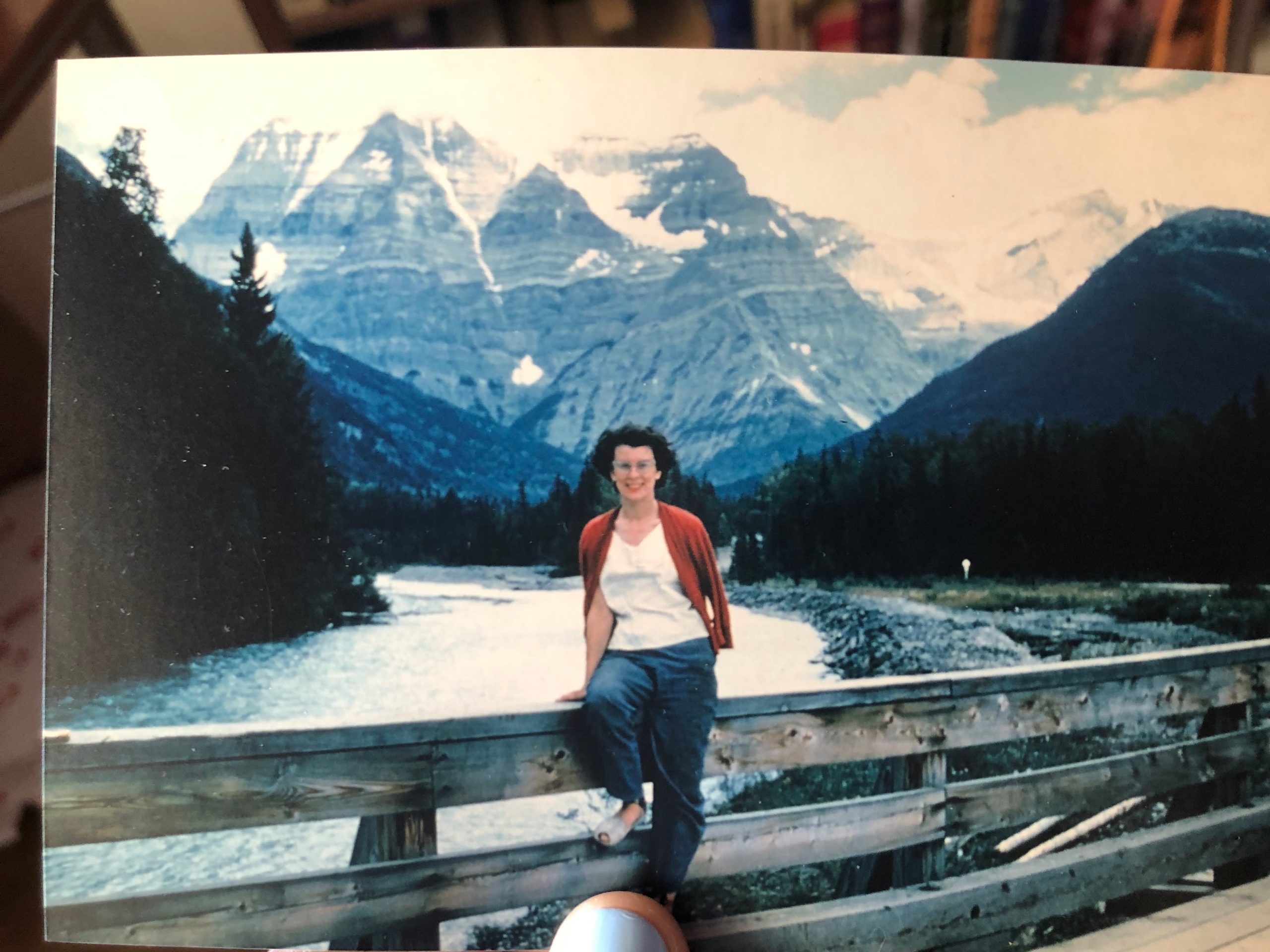 Janet sitting in front of Mount Robson