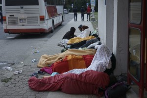 Syrian refugees sleeping in the open air during refugee crisis. Budapest, Hungary, Central Europe, 4 September 2015.