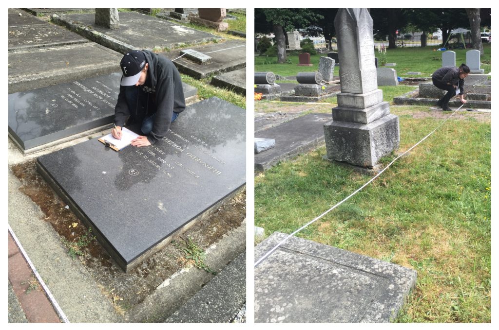 Erik recording an inscription (left) while Taylor sets out the tape measure (right) (Photos by Vanessa Tallarico, 2016)