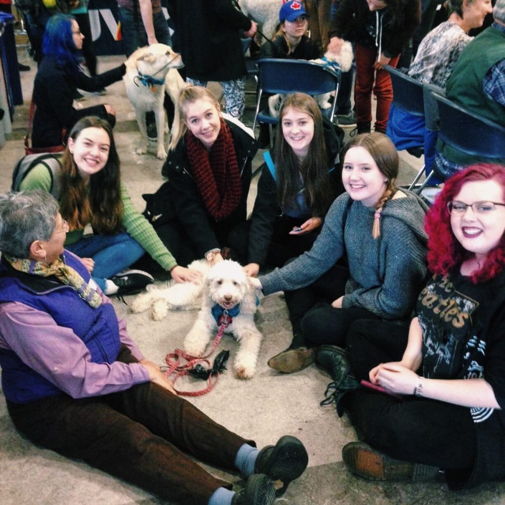 students and dog