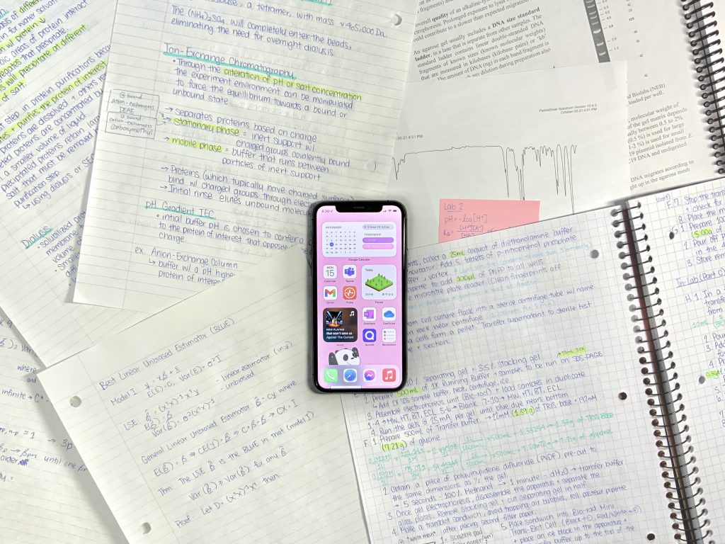 A phone open to its home screen laying on papers