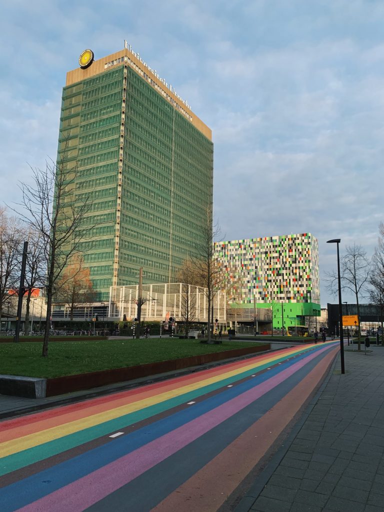 Rainbow cycling road on the Utrecht University campus.