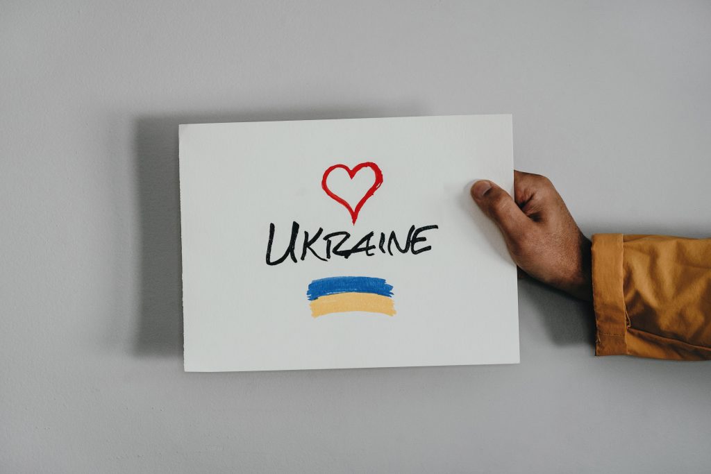 card with Ukraine, a heart and flag.