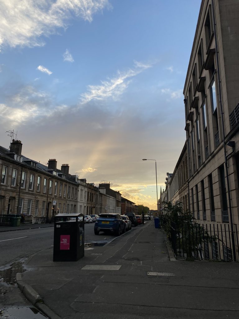 Glasgow street at sunset