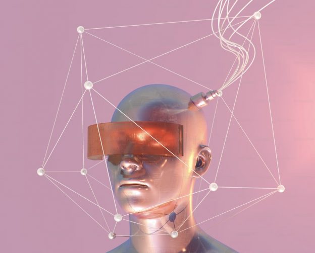 Futuristic profile of a man wearing AR glasses, representing digital identity and online presence.