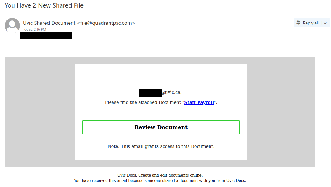 Phish claiming to be a staff payroll document from "Uvic Docs", with a link to click to review the supposed document.