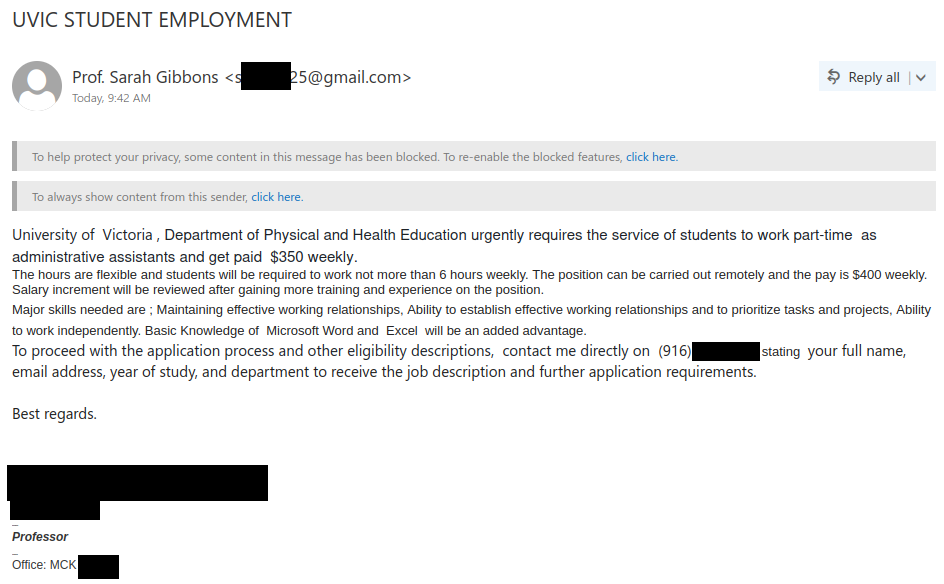 Job scam email from fake professor "Sarah Gibbons" on Gmail, impersonating a real UVic faculty member