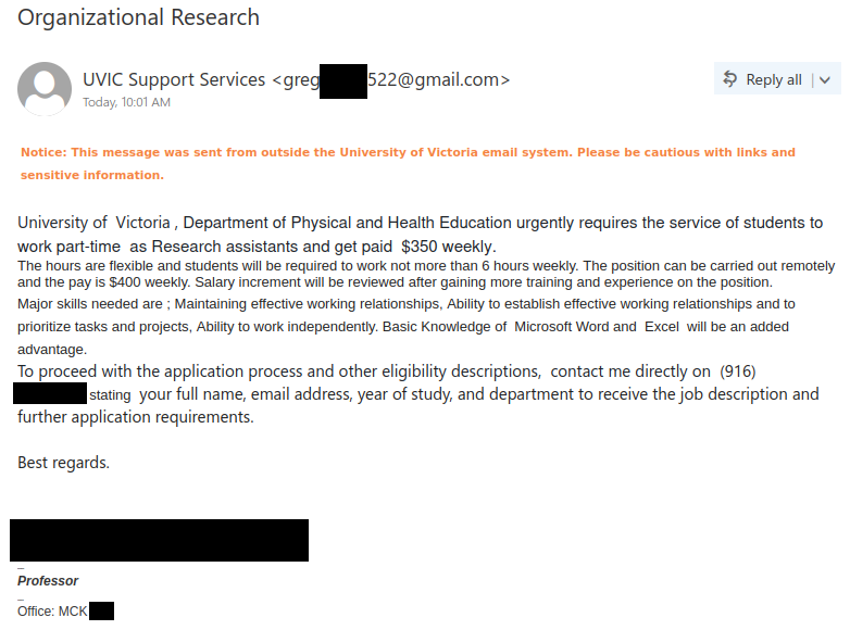 Job scam email claiming to be from "UVIC Support Services" that actually came from Gmail, impersonating a real UVic faculty member