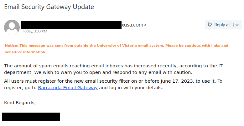 Phishing email pretending to be a security alert and asking you to register for a new email security filter.