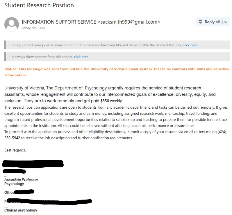 Job scam email from a gmail address with subject Student Research Position.