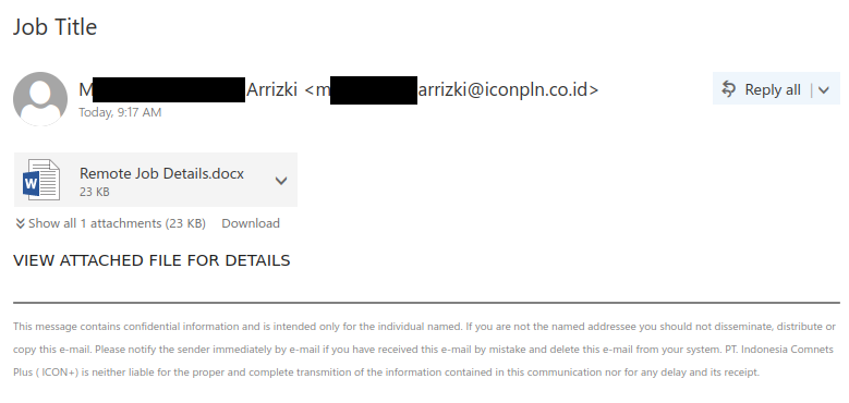 Scam email with a vague message asking you to open a suspicious attachment called "Remote Job Details.docx"