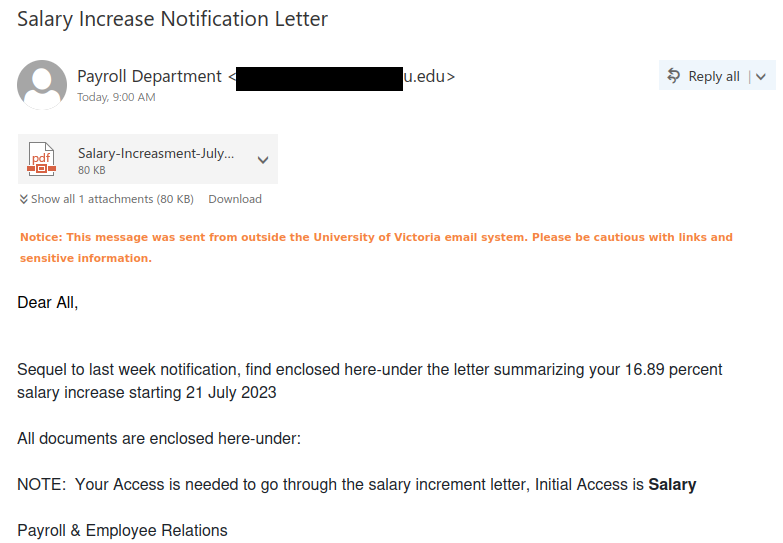 A phishing email claiming to offer you a 16.89% salary increase and directing you to open a suspicious PDF attachment