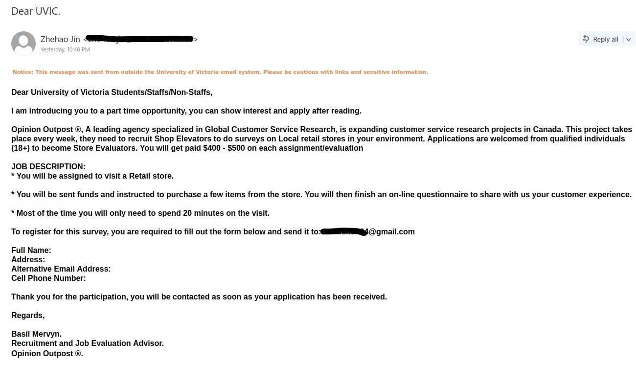 Job scam phish from a spoofed account of another Canadian Institute with the subject "Dear UVIC.".