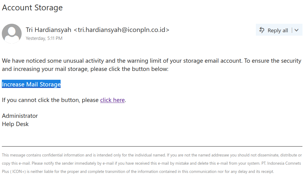 Screenshot of the phish message with subject "Account Storage"