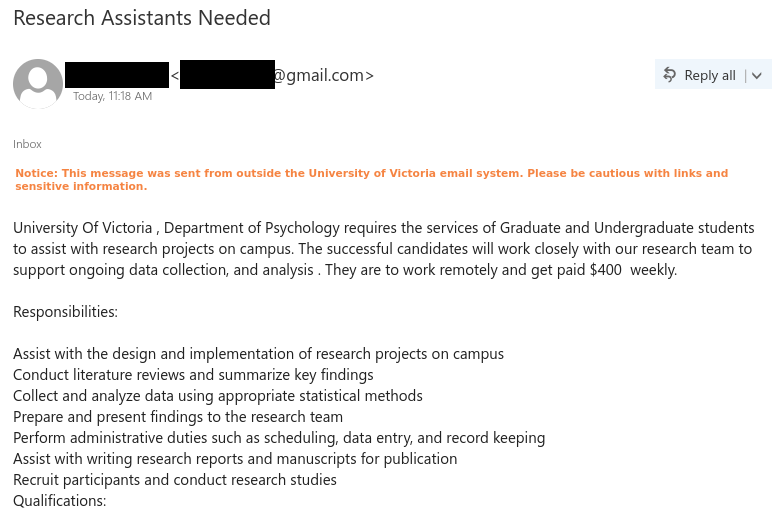 First half of a job scam email from a Gmail address that impersonates a real UVic psychology professor