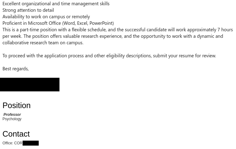 Second half of a job scam email from a Gmail address that impersonates a real UVic psychology professor