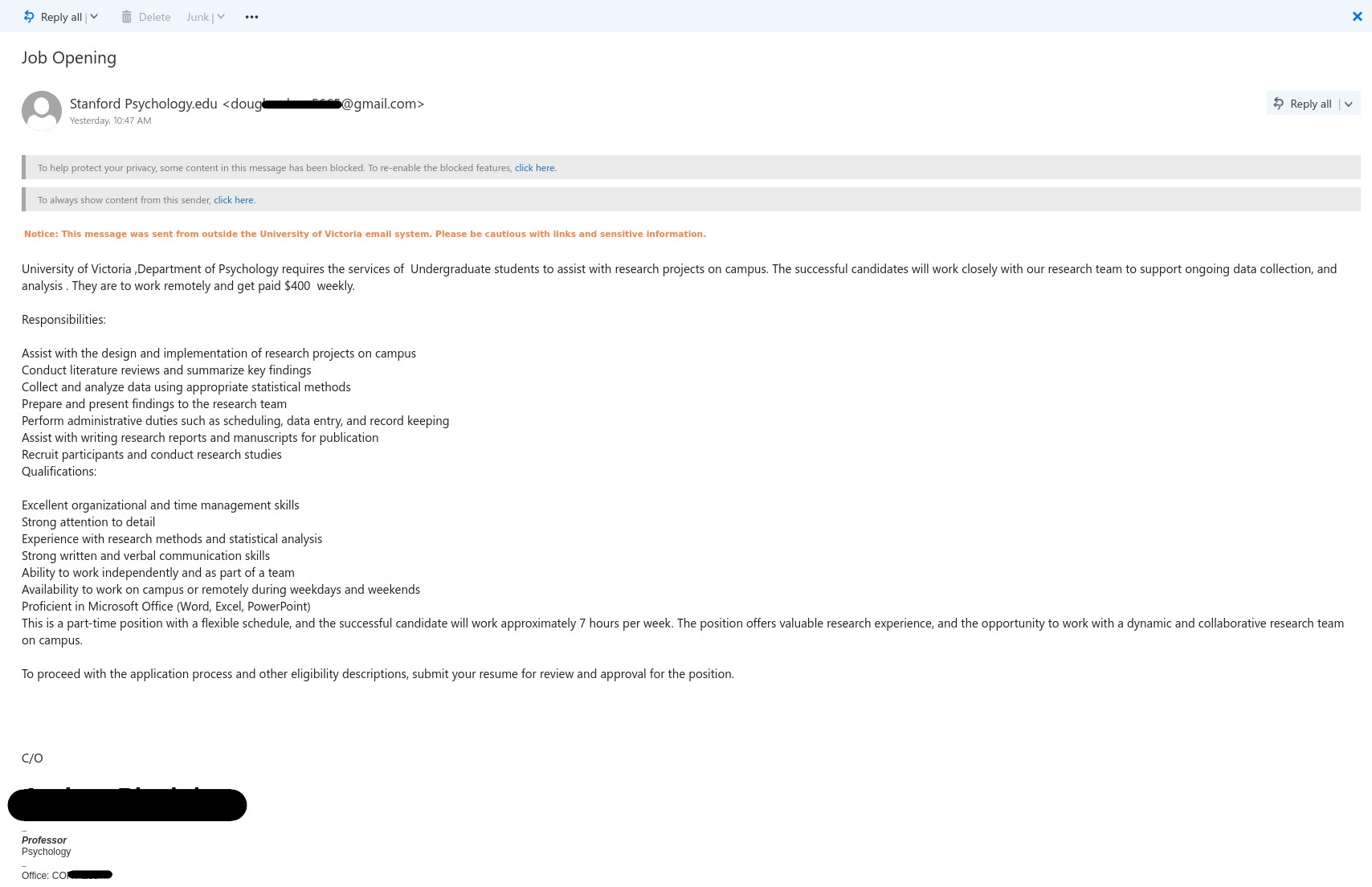 Job scam email impersonating UVic professor with Subject "Job Opening".