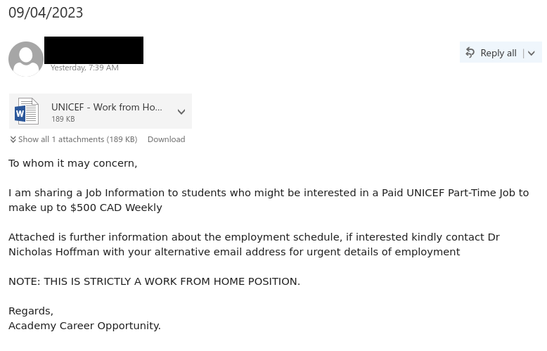 Job scam email pretending to be a work-from-home part-time job opportunity with UNICEF