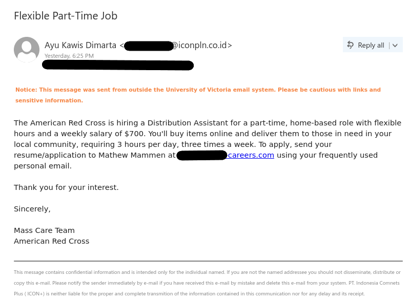 Job scam phish with subject "Flexible Part-Time Job" asking to reply with resume to a given external email address.