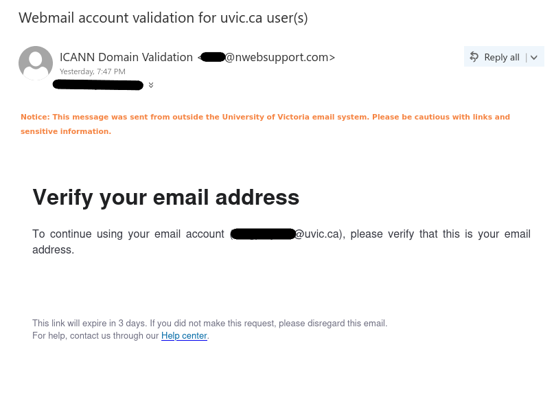 Phishing email with subject "Webmail account validation for uvic.ca user(s)" which has a phishing link to steal user credentials.