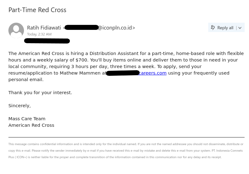 Job scam phish from external sender with subject "Part-Time Red Cross".