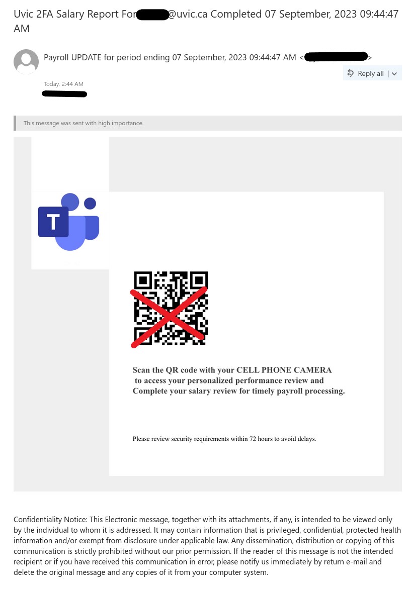 Phish from external sender with phish link sent as QR code.