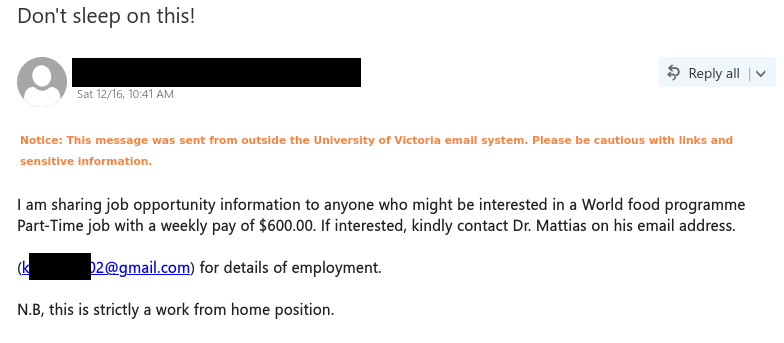 Job scam email pretending to be from the UN World Food Programme