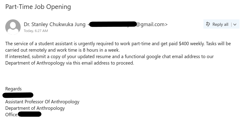 Job scam phish with subject "Part-Time Job Opening" impersonating a UVic professor.
