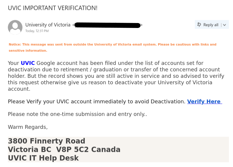 Phish with subject "UVIC IMPORTANT VERIFICATION!" has a phishing link to steal user credentials.
