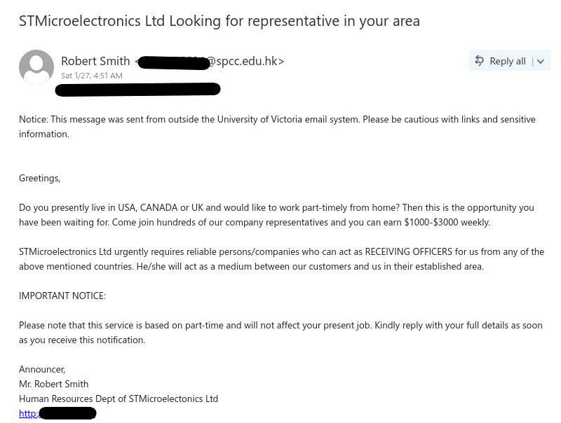 Job scam impersonating STMicroelectronics offering too good to be true with subject "STMicroelectronics Ltd Looking for representative in your area".