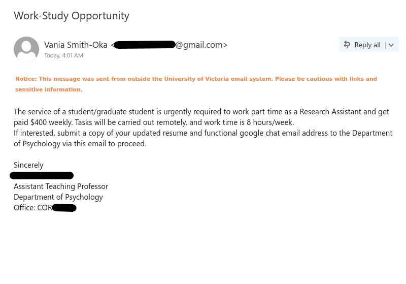 Job scam with subject "Work-Study Opportunity" impersonating UVic professor.