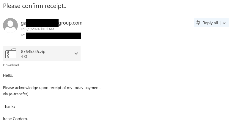 Malicious email containing a malware-laced ZIP attachment. 