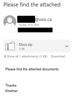 Vague email with a spoofed UVic sender that contains a malware-laced ZIP attachment